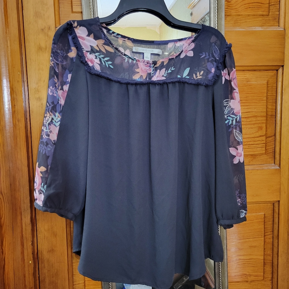 LC Lauren Conrad Navy Blue Floral Blouse